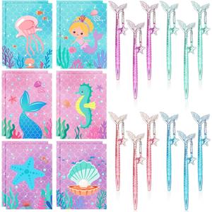 Teling 24 Pcs Mermaid Pen and Notepad 5 Inches 12 Cute Notepads 12 Black Ink Pen for Birthday Decorations, Party Favors, Kids Girls School Supplies