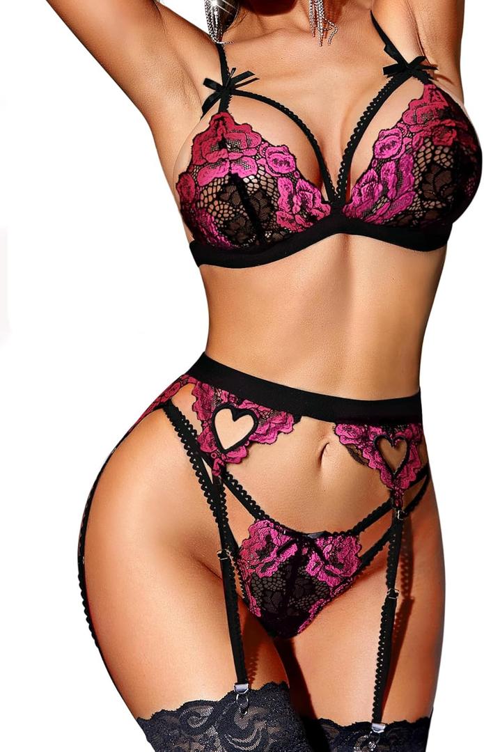 RSLOVE Women Lingerie Sets with Garter Belt 3 Piece Lace Teddy Babydoll Bodysuit (Large, Black and Pink)