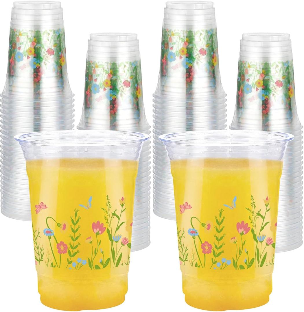 100Pcs Wildflower Plastic Cups 16 oz Pink Floral Butterfly Theme Disposable Plastic Cups with Spring Summer Flower for Spring Birthday Wedding Baby Bridal Party Supplies Beverage Drinking  