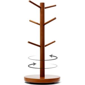Rotating Wooden Coffee Mug Holder for Counter Top, Sturdy Stand for Large Cups w/ Non-Slip Countertop Base & 6 Hooks, Coffee Mug Tree for Counter, Easy-Assembly Stylish Cup Tree Holder for Countertop