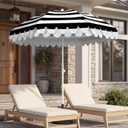 6.5Ft Classic Beach Umbrella with Fringe, Scalloped Patio Umbrella with Push Button Tilt, UPF50+ Portable Outdoor Umbrellas for Garden Lawn Pool, Carry Bag, Black White Stripe