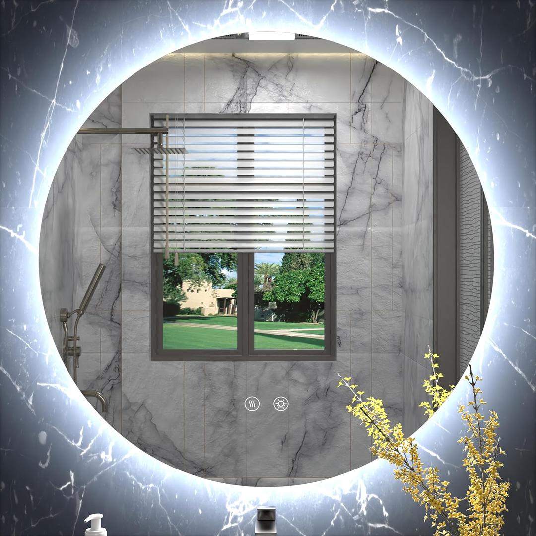 28 Inch Round LED Bathroom Mirror with Light, 3 Color Temperatures (3000K/4500K/6000K), Anti-Fog, Dimmable Backlit, Frameless Round Vanity Mirror with Lights