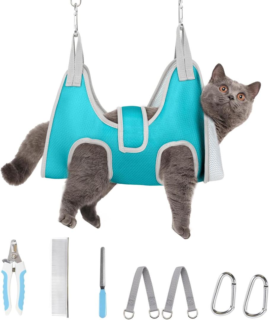 Dog Grooming Hammock, Adjustable Restraint Sling for Nail Trimming, Hands-Free Cat Grooming Harness for Easy Bathing, Haircuts & Claw Care at Home, Blue XS (XS-Leg Space:6-9.2"))