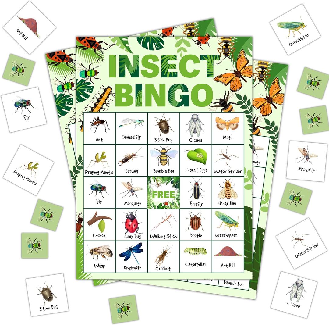 Insect Bingo Cards, Greenery Nature Bingo Cards for Adults, Bingo Games for Birthday Party Summer Outdoor Party Camping Party, 24 Players Party Activity Favor Decoration Supplies, 06