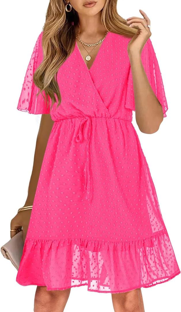 KIRUNDO Women Casual Summer Fall Dresses Long Sleeve Floral Wrap V Neck High Waist Ruffle Tiered A Line Flowy Mini Dress (Pink, M)
