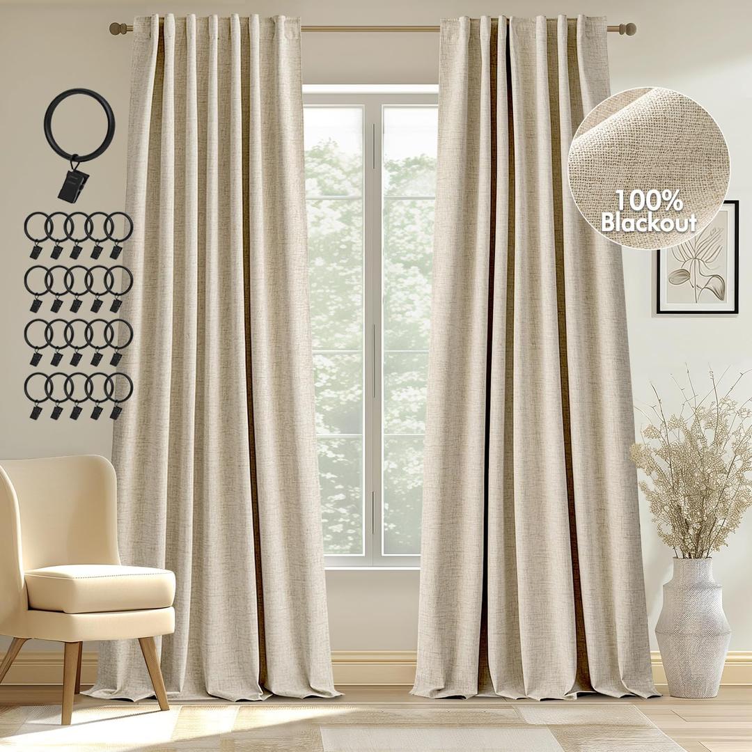 100% Blackout Linen Curtains 84 inches Long 2 Panels Back Tab Bedroom Drapes Living Room Black Out Window Treatments Thermal Insulated Room Darkening Rod Pocket, Natural Cream Beige