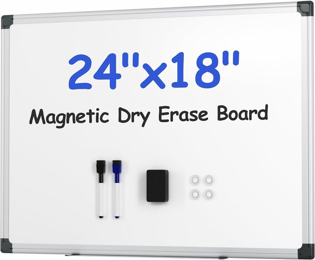 VUSIGN Magnetic White Board Kit for Wall 24" x 18", 1 Dry Eraser & 2 Multicolor Markers & 4 Magnetic Pins, Sliver Reinforced Aluminum Frame for Home, School, Office (Silver)