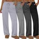 4 Pack Women's Lounge Pants Wide Leg Loose Casual Yoga Pants Elastic Waist Drawstring Sweatpants with Pockets (Large, Black, Dark Heather Gray, Light Heather Grey, Light Gray)