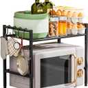 Microwave Stand Countertop, 2-Tier Adjustable Metal Oven Rack with 4 Hooks, Heavy Duty Carbon Steel Organizer Shelf for Microwave/Oven/Toaster, Kitchen Storage (Black, 2-Tier)