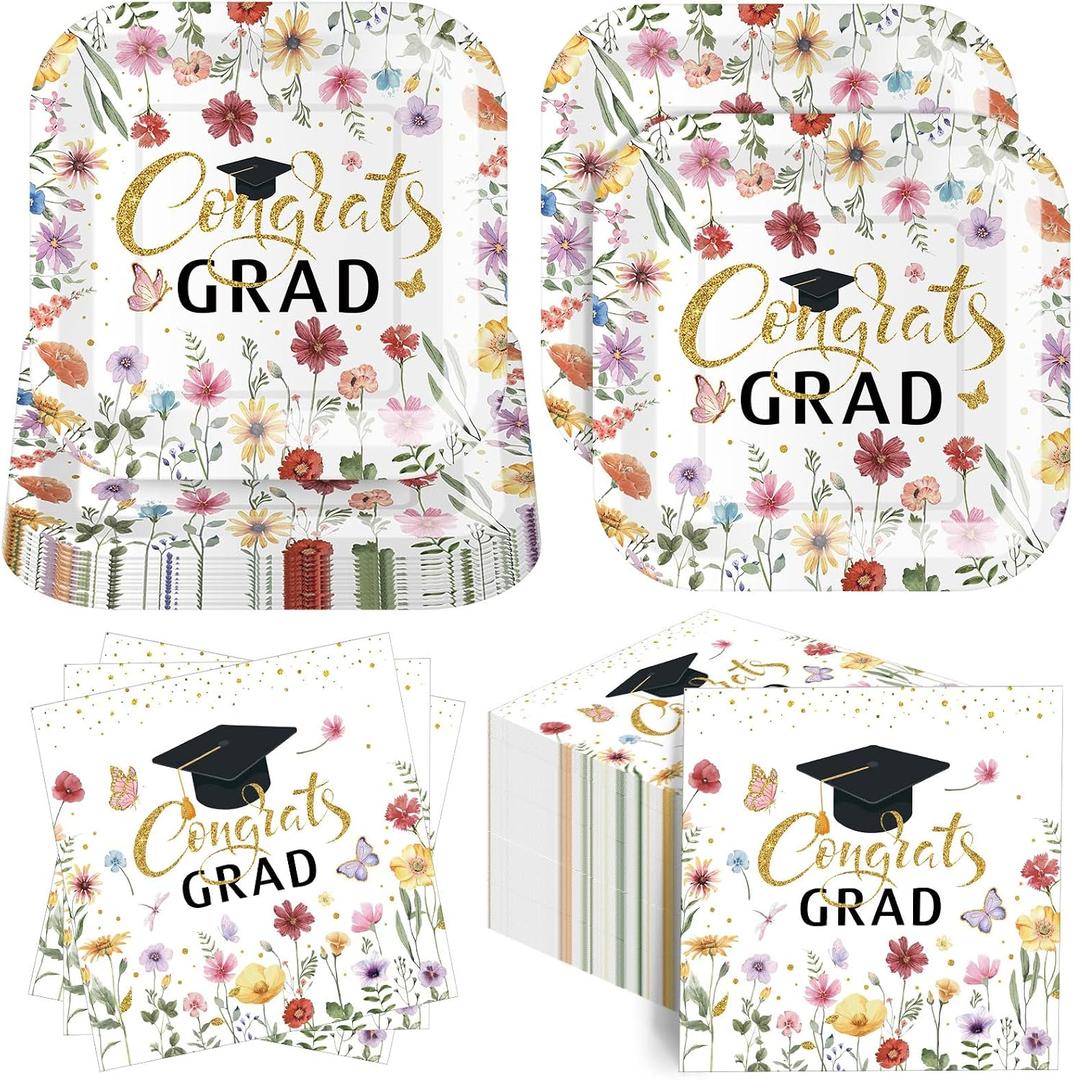 Funnymoom 100 Pcs Wildflower Graduation Party Supplies 2026 Paper Plates and Napkins, 7 Inches Disposable Plates 13 Inches Dinner Napkins Party Decorations, Serves 50 (Colorful,Grad)