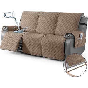TAOCOCO 100% Waterproof Recliner Couch Covers, Recliner Sofa Covers with Leg Straps, 1-Piece Washable Reclining Sofa Cover with Pocket Couch Protector for Pets Kids(3 Seater, Khaki)