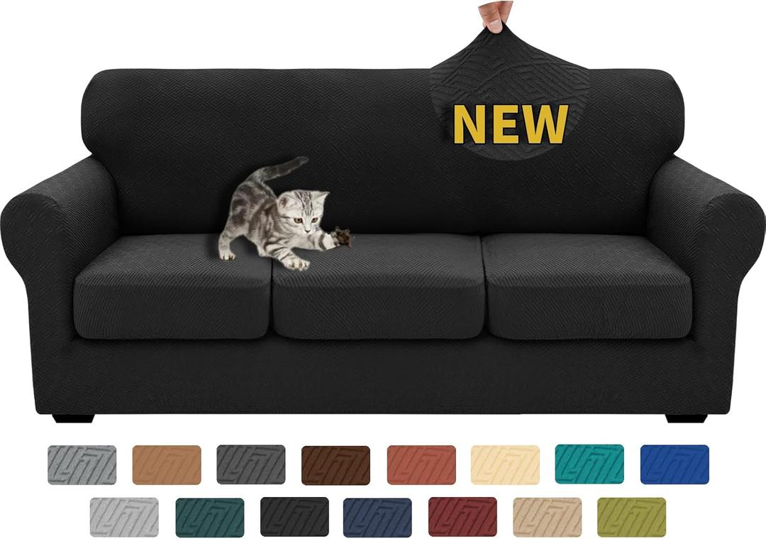 XINEAGE 2025 New 4 Pieces Couch Covers for 3 Cushion Couch Super Stretch Thick Soft Sofa Cover Anti Slip Sofa Slipcover Dogs Cats Furniture Protector (Black, 71"-91")