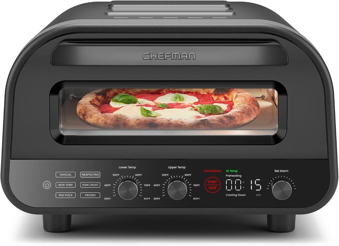 CHEFMAN Indoor Pizza Oven - Makes 12 Inch Pizzas in Minutes, Heats up to 800F - Countertop Electric Maker with 5 Touchscreen Presets, Pizza Stone and Peel Included - Stainless Black