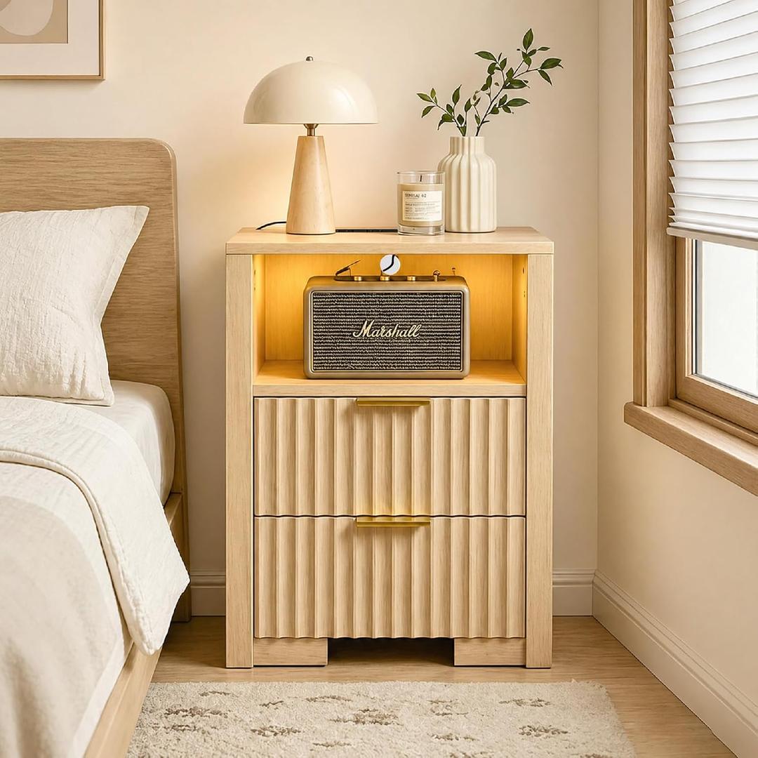 Fluted Nightstand with Charging Station & LED Light, 2 Drawer Bedside Table with Open Shelf, Modern Mid Century End Table with USB Outlet for Bedroom, Small Spaces, Oak, 18.5" x 11.8" x 25.6"
