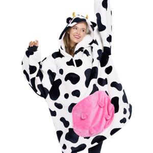 Giggling Getup Wearable Blanket Hoodie for Women and Men Sherpa Fleece Hooded Blanket Sweatshirt Warm Cozy Sherpa Wearable Throw Oversized Hoodie with Giant Pocket & Sleeves for Adult Cow