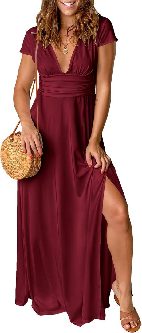 ANRABESS Women Summer Deep V Neck Short Sleeve Dresses Slit Elegant Wedding Guest Formal Cocktail Evening Maxi Long Dress (Large, Wine Red)