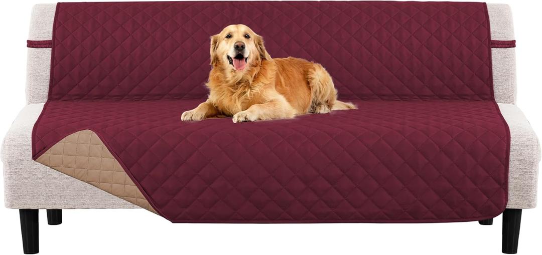 PrinceDeco Futon Slipcover Armless Futon Bed Cover Furniture Protector with Elastic Bottom Reversible Quilted Couch Cover Width Up to 70" Water Resistant Couch Cover for Pets,Wine