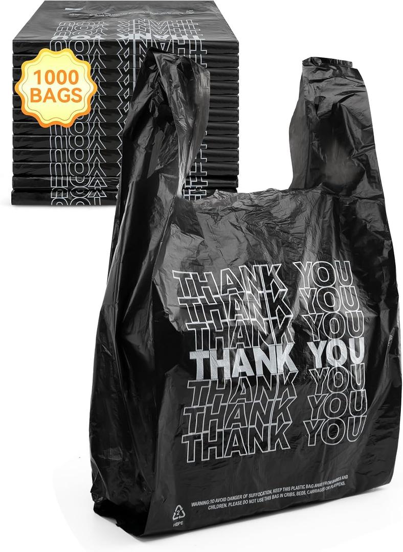 1000 Count Black Thank You Plastic T-Shirt Bags with Handles, 10.5" x 5.5" x 17.5" (1/8 Size), 14 Mic Plastic Grocery Bags for Retail, Shopping, Takeout, Convenience Stores & Small Trash Bags