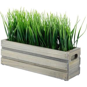 MyGift 12 Inch Artificial Green Grass Plant in Vintage Gray Brown Solid Wood Planter Box, Faux Greenery in Decorative Rectangular Crate Style Container