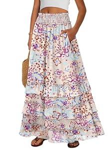 ANRABESS Maxi Skirts for Women Summer Boho Tiered Flowy Elastic High Waist Beach Long Skirt Casual Spring Vacation Outfits Medium, Floral