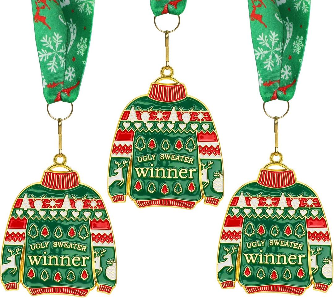 2 x Abaokai 3 Pieces Christmas Ugly Sweater Medal Christmas Style Neck Ribbon, Award Contest Medals Christmas Tree Ornament for Ugly Sweater Contest Party, Best Ugly Christmas Sweater Trophy Award