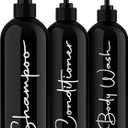 Alora Reusable Shampoo and Conditioner Bottles - Set of 3 - Matte Black - Permanent Stylish Labels - 16oz Pump Bottle Dispenser for Shampoo, Conditioner, Body Wash - Plastic Refillable Containers