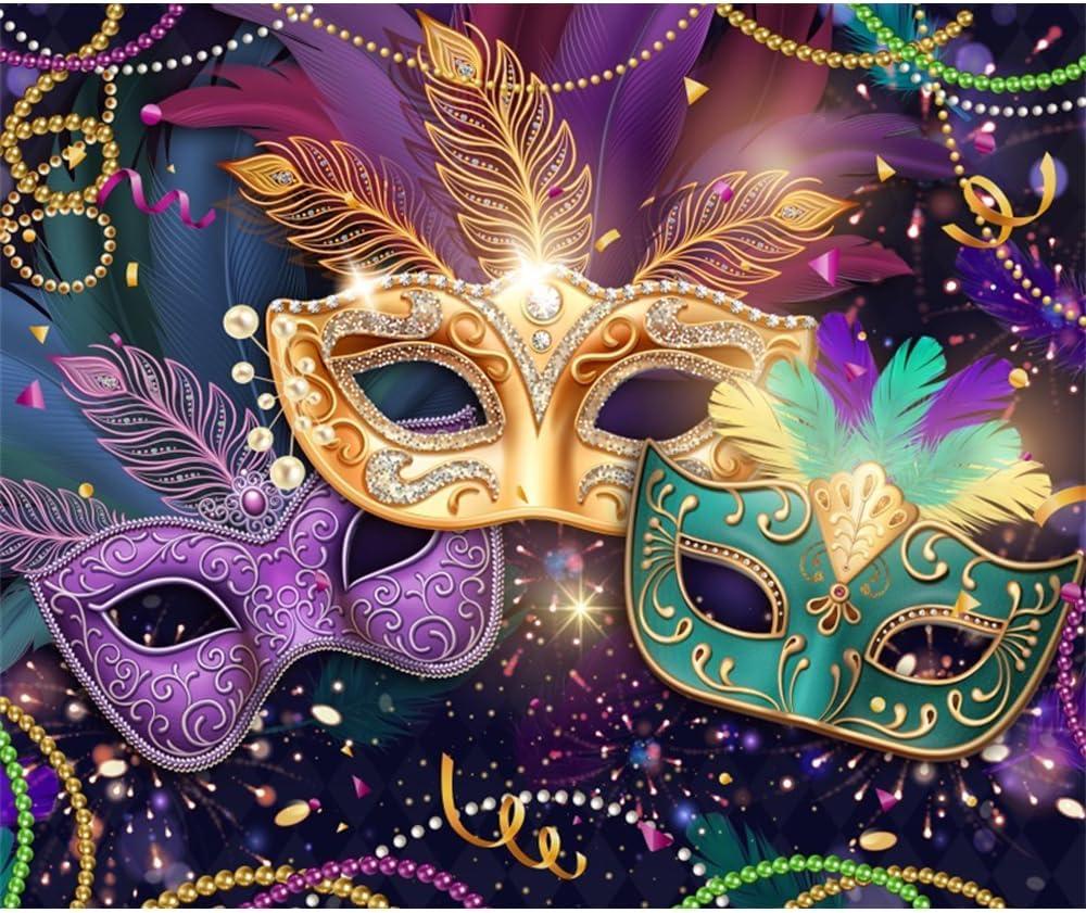 Yeele 10x8ft Mardi Gras Mask Backdrop for Photography Carnival Masquerade Pearl Necklace Confetti Golden Mask Background for Festival Birthday Theme Party Decoration Portrait Photo Shoot Props Vinyl