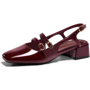Coutgo Womens Mary Jane Chunky Low Heels Slingback Pumps Closed Square Toe Wedding Dress Shoes (9, Dark Red)