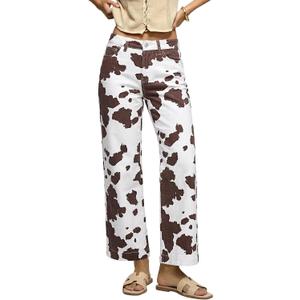 luvamia Wide Leg Jeans Woman Trendy High Waisted Leopard Cheetah Print Ankle Length Stretchy Denim Pants with Pockets (White, Large)