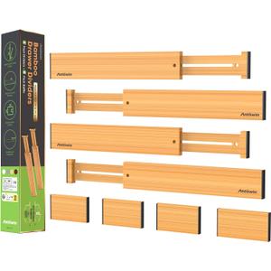 ANTOWIN Bamboo Drawer Dividers Organizers, Drawer Separators Splitter,13-17 inches Long Adjustable Spring-loaded Organizer for Large Utensil, Clothes, Tools Drawers (4+3)