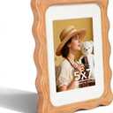 5x7 Picture Frame with 3.5x5 Mat, Natural Solid Teak Wood Tabletop Only Display with Plexiglass, Wavy Edge Photo Frame for Desktop & Countertop Decor, Scalloped Edge
