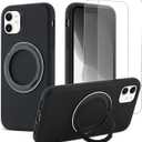 360°Rotatable Magnetic Ring Stand for iPhone 11 Case,Compatible with MagSafe,with [2 Pack Screen Protector] Military Grade Drop Shockproof Silicone Slim Phone Case 6.1 inch. (Black)