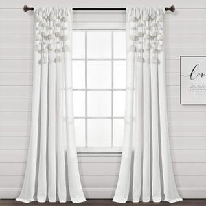 Lush Decor Boho Pom Pom Tassel Linen Window Curtain Panel (Single Panel), 95" Long x 52" Wide, Off-White