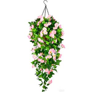 Artificial Fake Hanging Flowers Plants Basket for Spring Outdoor Outside Decoration, UV Resistant Faux Plastic Fabric Flower Morning Glory Wisteria Petunia for Garden Porch Patio Balcony Yard Decor