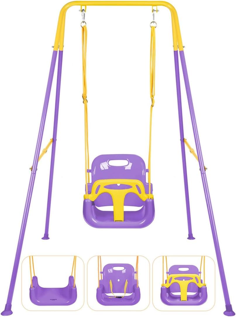 3-in-1 Toddler Swing Set, Foldable Baby Swing Set for Indoor & Outdoor | Heavy Duty Baby Swing with Stand for Ages 6 Months to 10 Years Old, Easy to Assemble and Store (Purple)