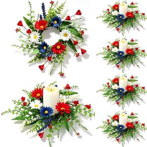 6 PCS Patriotic American Candle Rings Wreaths Artificial 4th of July Floral Candle Rings Holder with Daisy Flowers Mini July Independence Day Wreath for Party Home Table Centerpiece Decor