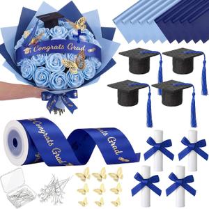 Gilprop 56 Pcs Graduation Flower Bouquet Floral Wrapping Paper Ribbon Butterfly Gem Pins Certificate Scroll Mini Grad Cap for Graduation Party Flower Money Bouquet(Congrats Grad,Royal Blue, Gold)