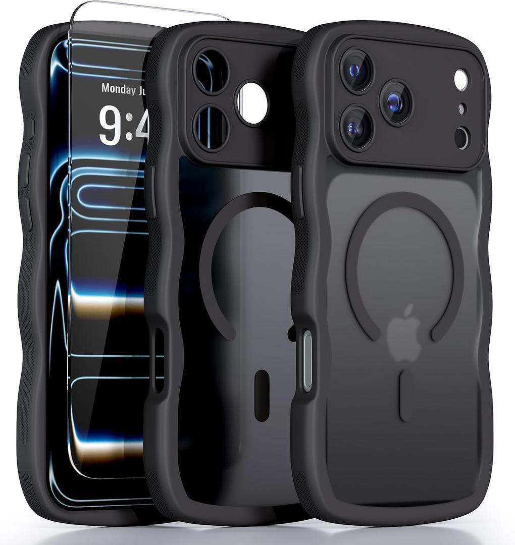 QVLANG Case for iPhone 17 Pro Max, Cute Wave Cover Case, Upgraded[Full Camera Protection][Compatible with Magsafe][Military Grade Protection][Translucent Matte] Phone Case for Women Girls, Black