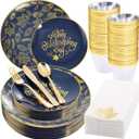 Morejoy 175PCS Thanksgiving Plastic Plates, Blue Gold Thanksgiving Dinnerware Sets Include: 25Dinner Plate, 25 Salad Plate, 25 Silverware Set, 25 Napkins, Fall Plates Disposable for thanksgiving Day