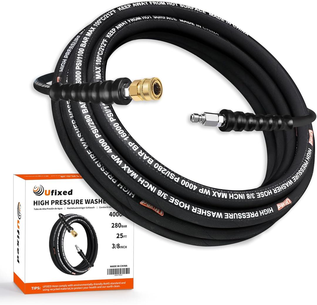 3/8 Pressure Washer Hose 25FT 4000psi,Rubber Hose,Quick Connect,360 Swivel,Kink-resistant,Heavy Duty,Black