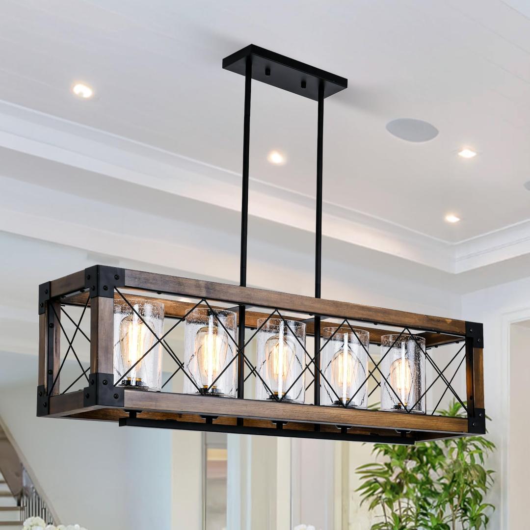 Farmhouse Kitchen Island Lighting, 5-Light Dining Room Light Fixture Over Table, Rustic Wooden Rectangle Chandelier, Pool Table Pendant Light Fixtures with Clean Glass Shade