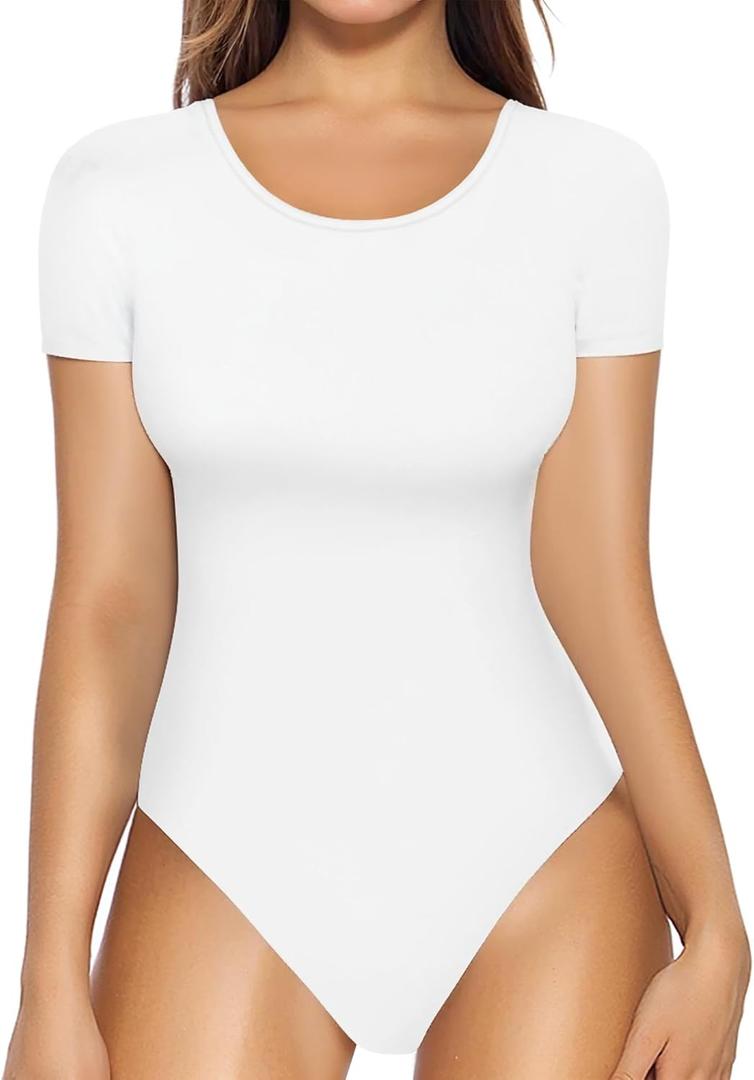 MANGOPOP Round Neck Short Sleeve Bodysuit for Women Basic Body Suit Shirts Tops White M