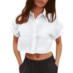 Tankaneo Womens Button Down Shirts Cropped Short Sleeve Casual Crop Tops Blouses with Pockets, Large, White