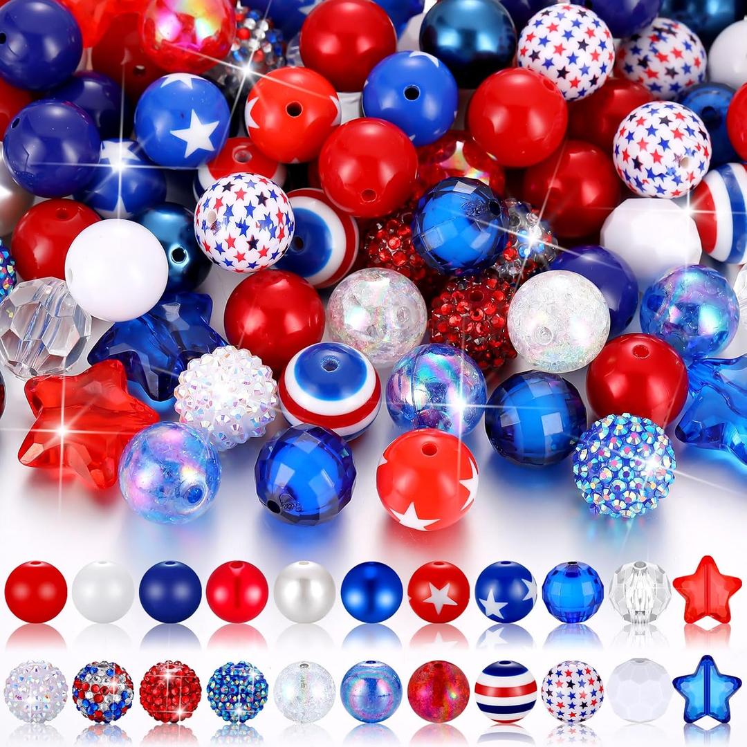 Poen 100 Pcs 20 mm Rhinestone Bubblegum Beads for Pens Bulk Mixed Crystal Resin Chunky Beads for DIY Craft Keychain Necklace Bracelet Jewelry Making Decor for Holiday(Red, White, Blue,Patriotic)