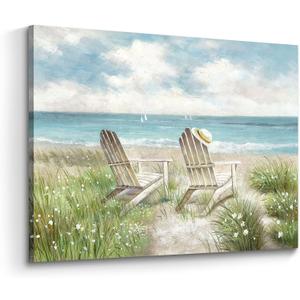 Arttitue Seascape Wall Art Canvas Picture: Beach Chair Seascape Print Decor Ocean Coastal Scene Painting Seaside Sea Wave Grass Artwork for Bathroom Living Room (16"L x 11"W)