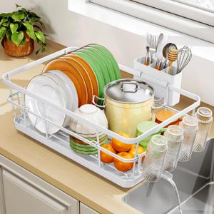 TOOLF Dish Drying Rack, Dish Racks for Kitchen Counter, Stainless Steel Sink Organization and Storage Essentials with Cutlery Holder, Dish Drainer, Home and Appartment Decor, 12.4''W x 16.5''L, White