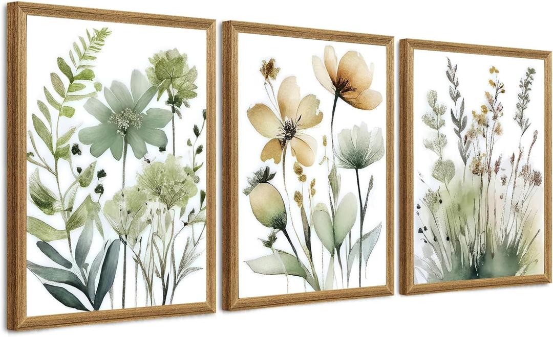 SYWENNOI Wood Framed Green Botanical Canvas Wall Art, Boho Floral Watercolor Art Wall Decor, Minimalist Flower Pictures Poster Prints for Bedroom Bathroom Living Room Ready to Hang 12x16 Inches