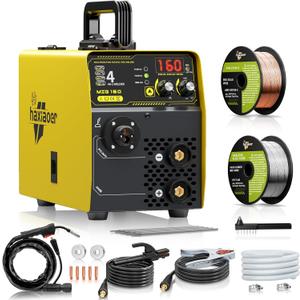 160A MIG Welder, 110V Gas MIG Welder Machine, 4-in-1 Gasless Flux Core/Gas MIG/Lift TIG/Stick Welder with Synergic Control, IGBT, Multi Process Flux Core Welder for Home DIY Professional Use (Yellow)