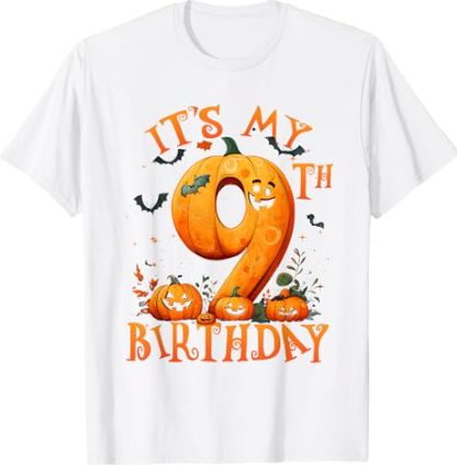Boo It's My 9th Birthday Halloween Pumpkin 9 Years Old T-Shirt, Medium 