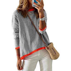 Womens Lightweight Cotton Sweaters Long Sleeve Crew Neck Color Block Striped Casual Knitted Pullover Tops  (Medium, Black White Placed Stripe)